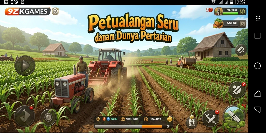 Screenshot utama menunjukkan gameplay bertani yang seru dan interaktif.