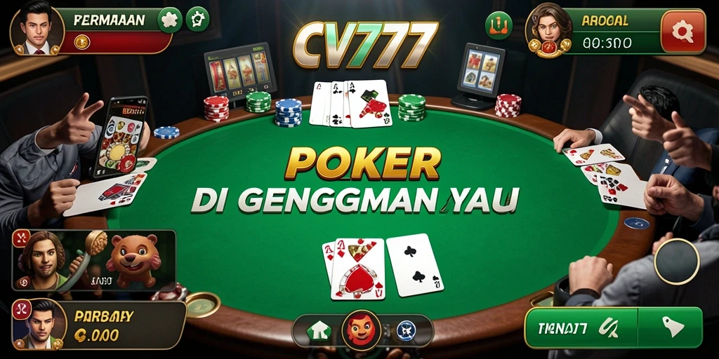 Screenshot gameplay seru dari CV777 menunjukkan aksi Poker yang mendebarkan.