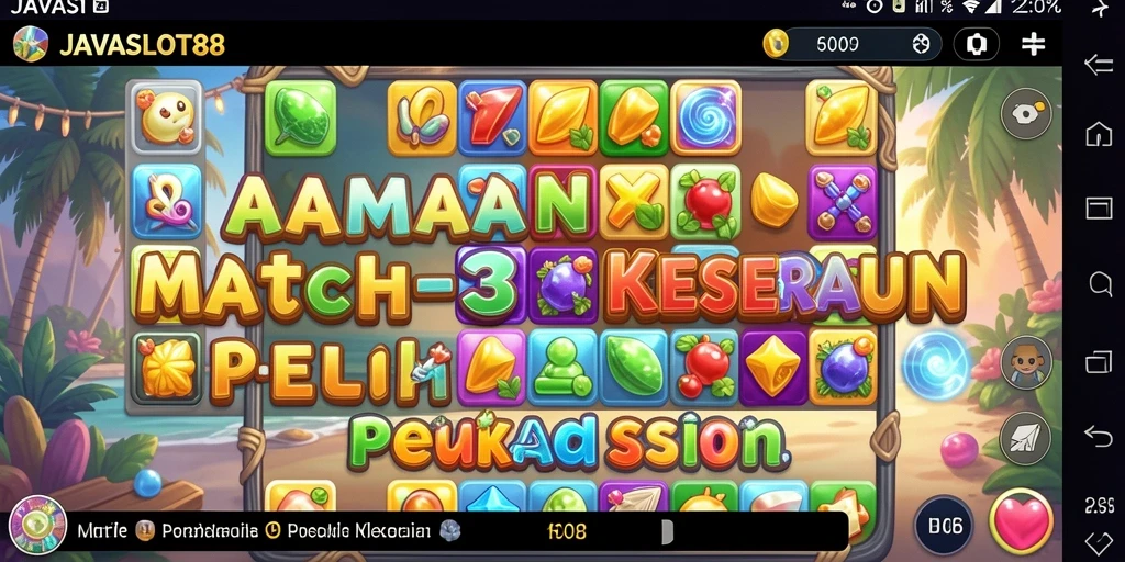 Screenshot utama JAVASLOT88 menunjukkan gameplay Match-3 yang seru.