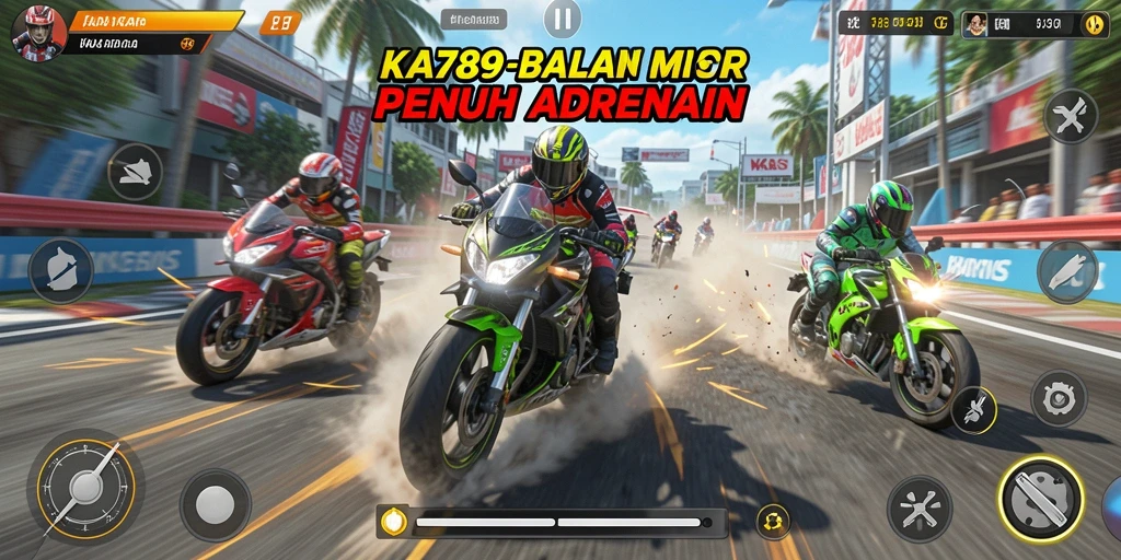 Tangkapan layar KA789 menampilkan aksi balapan motor yang mendebarkan di trek yang menantang.